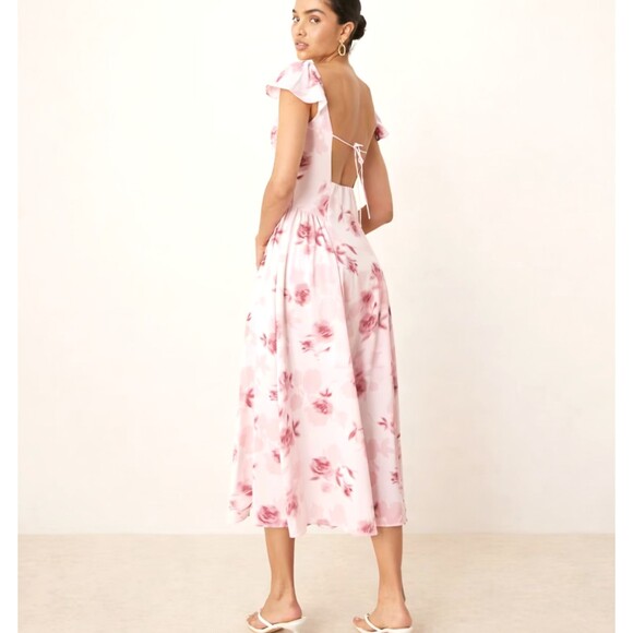 Abercrombie Fitch Pink Floral Maxi Dress XL Open Back Flutter Sleeve Slit Zipper - Picture 9 of 13